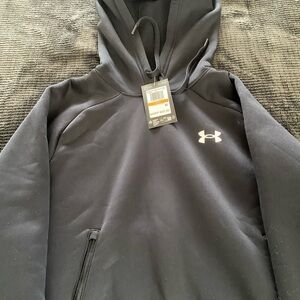 Loose Under Armour Black Hooded Pullover with White Logo, zippered pockets,